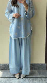 Sky Blue Chikankari Farshi Co-ord Set