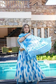 Blue Cotton Gown, Pant & Dupatta Set