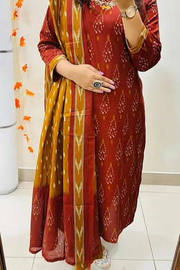 Pure Cotton Maroon Ikkat Kurti Set