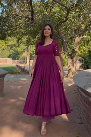 Plum Mirror Work Flared Anarkali