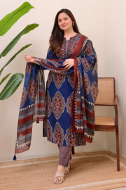 Blue Ajark Printed Cotton Suit