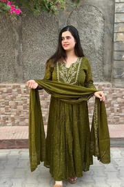 COTTON ANAKALI BHANDEJ PRINTED KURTA AND PANT WITH DUPATTA FOR WOMEN