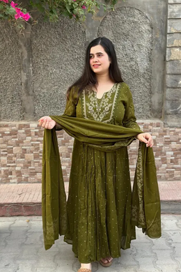 COTTON ANAKALI BHANDEJ PRINTED KURTA AND PANT WITH DUPATTA FOR WOMEN