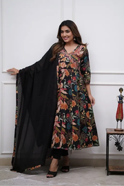 Black Colour Pure Cotton Anarkali Kurta And Pant With Dupatta For Women