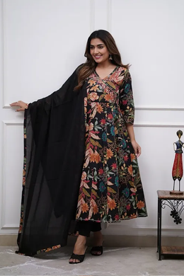 Black Colour Pure Cotton Anarkali Kurta And Pant With Dupatta For Women