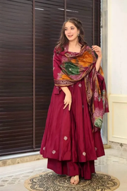 Red Colour Pure Muslin Fabric Gown And Pant Suit Set