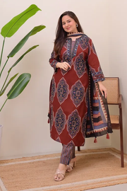 Maroon Ajark Printed Cotton Suit