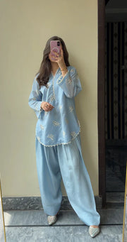 Sky Blue Chikankari Farshi Co-ord Set