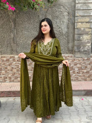 COTTON ANAKALI BHANDEJ PRINTED KURTA AND PANT WITH DUPATTA FOR WOMEN