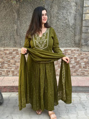 COTTON ANAKALI BHANDEJ PRINTED KURTA AND PANT WITH DUPATTA FOR WOMEN