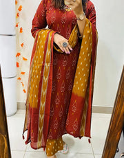 Pure Cotton Maroon Ikkat Kurti Set