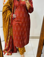 Pure Cotton Maroon Ikkat Kurti Set