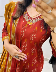 Pure Cotton Maroon Ikkat Kurti Set