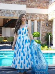 Blue Cotton Gown, Pant & Dupatta Set