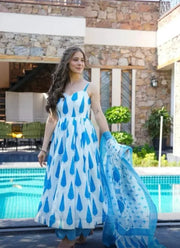 Blue Cotton Gown, Pant & Dupatta Set