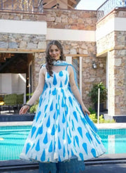 Blue Cotton Gown, Pant & Dupatta Set