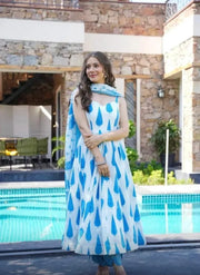 Blue Cotton Gown, Pant & Dupatta Set