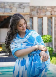 Blue Cotton Gown, Pant & Dupatta Set