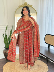 Rust Libha Cotton Embroidered A-line Divider Set