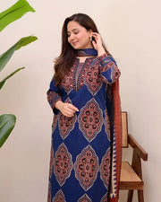 Blue Ajark Printed Cotton Suit