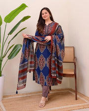 Blue Ajark Printed Cotton Suit