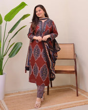 Maroon Ajark Printed Cotton Suit