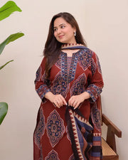 Maroon Ajark Printed Cotton Suit