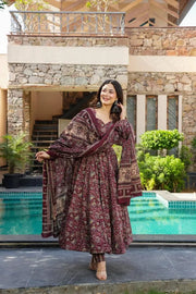 Maroon Floral Anarkali Kurta Set with Dupatta