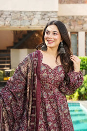 Maroon Floral Anarkali Kurta Set with Dupatta