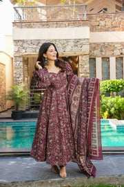 Maroon Floral Anarkali Kurta Set with Dupatta