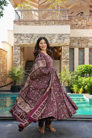 Maroon Floral Anarkali Kurta Set with Dupatta